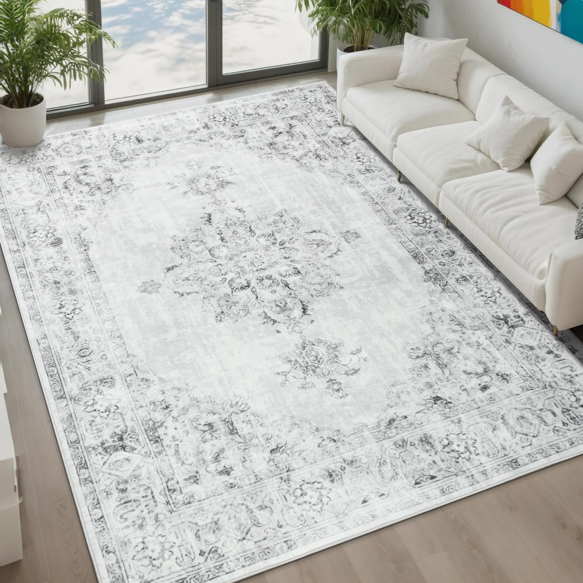 Photo 1 of Area Rug 6x9, Washable Rug for Living Room, Large Area Rugs for Bedroom, Vintage Rug 6x9 for Dining Room, Non Slip Soft Low Pile Indoor Carpet for Kitchen, Nursery, Office, Farmhouse, Light Grey
