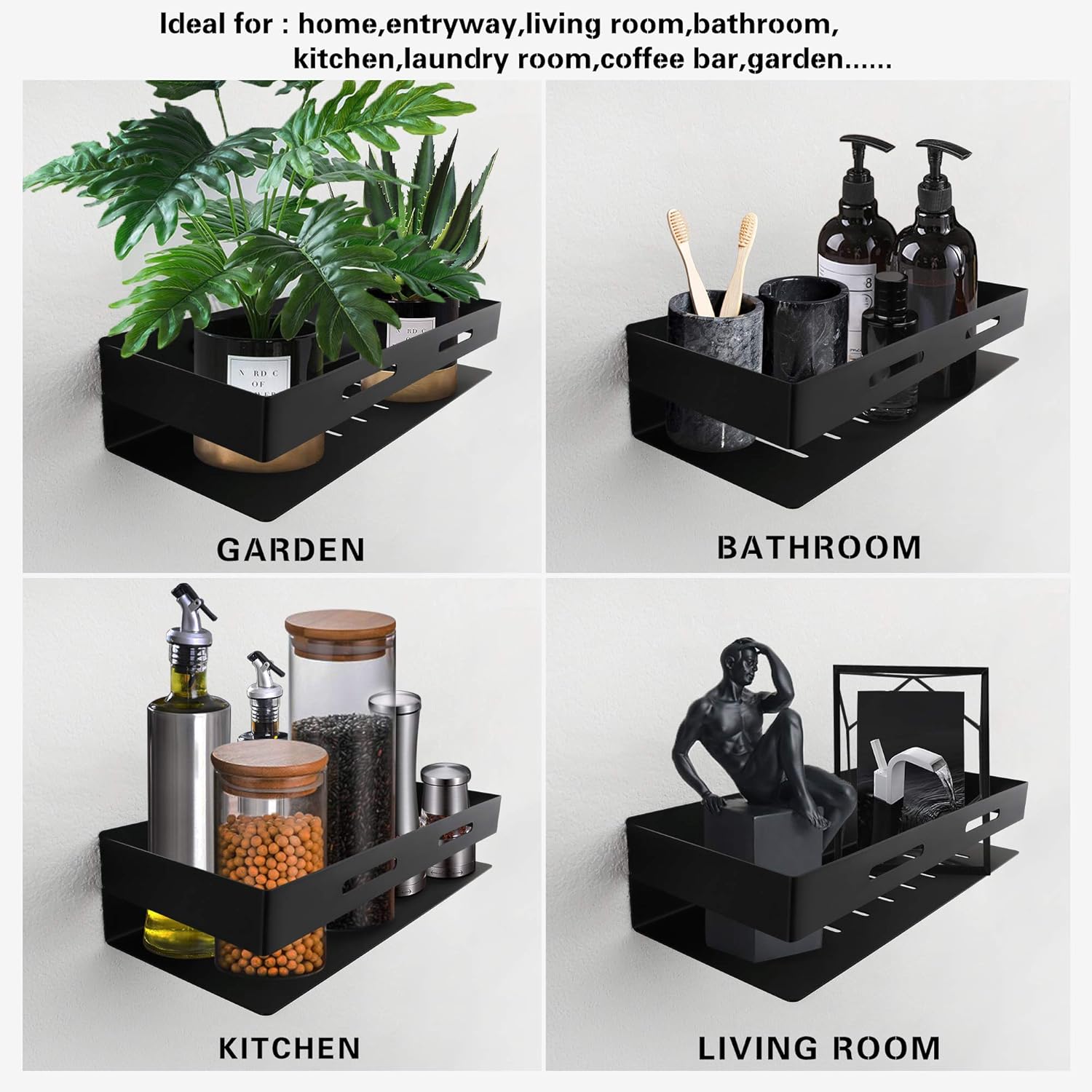 SKOWLL Bathroom Wall Shelves Drill Free with Glue Shower Caddy Wall Mounted No Drill Holes Shower Basket Stain Proofing Modern Style, Matte Black Finished: Kitchen & Dining