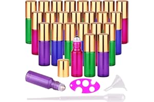 MaxMau 24 Pack Essential Oils Roller Bottles,5ml Roll On Bottles Colouful Glass Bottles Steel Roller Balls Metal Cap for Aromatherapy Perfume