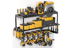 Amoowis Power Tool Organizer with 6 Drill Holder Wall Mount, 15 Min Assembly & Maximum 100lb load by Heavy Duty Metal, Garage Storage Shelf with Hooks and Screwdriver, Battery Storage Organizer