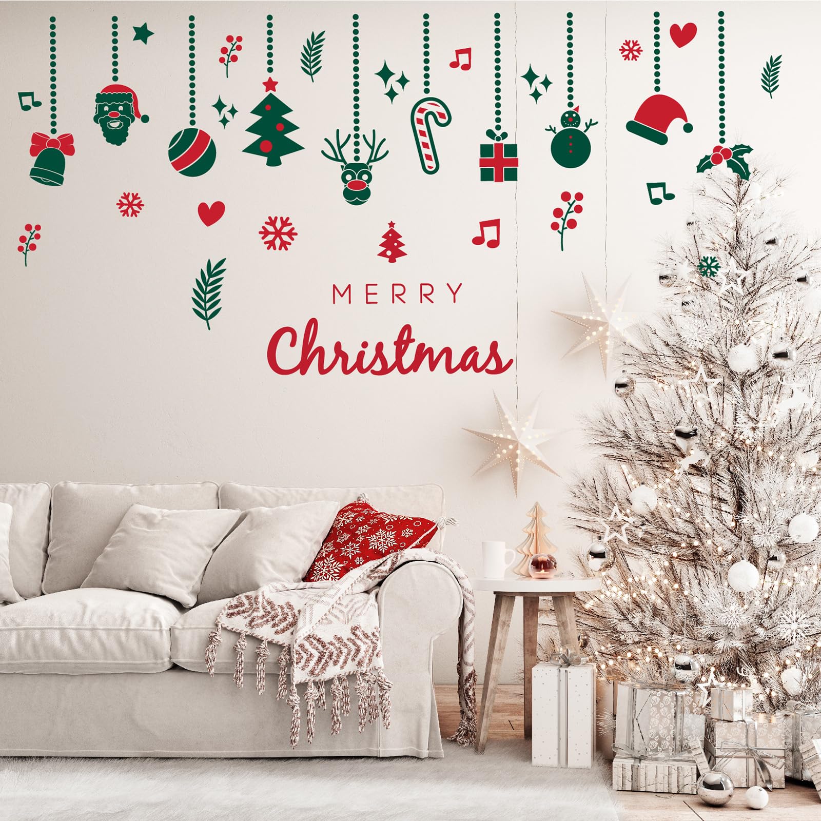 Christmas Wall Decals Peel and Stick – Removable Hanging Ornaments & Holiday Decorations with Santa, Reindeer, Christmas Tree – DIY Xmas Wall Stickers for Home, Living Room, Nursery or Classroom