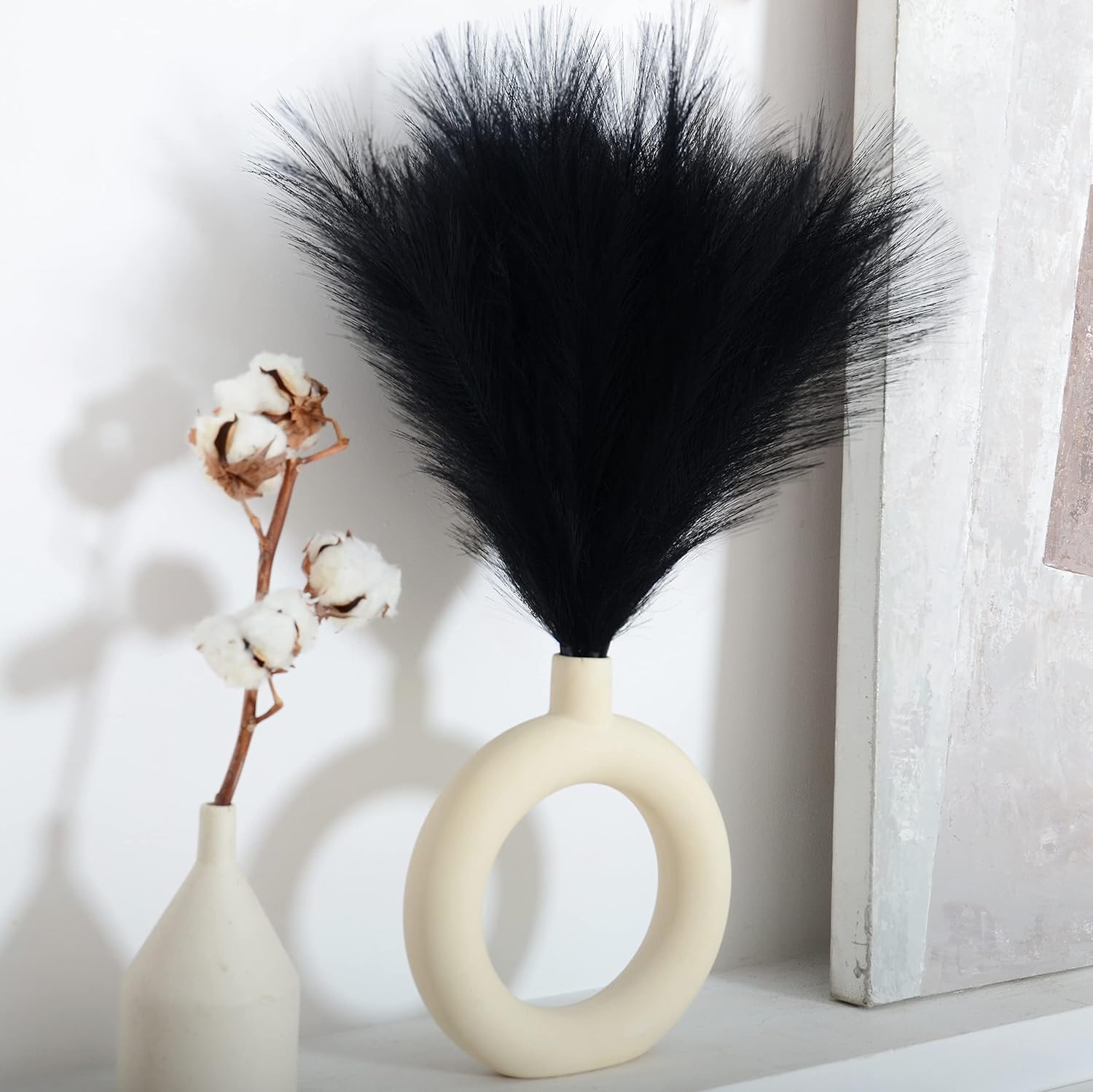 Dried & Preserved Flora - PERFNIQUE Faux Pampas Grass, Set of 6 Stems 17'' Short Artificial Fake Flowers, Small Vase Fillers, Rustic Trendy Cottagecore Minimalist Boho Farmhouse Room Decor, Vase Accent (Black)