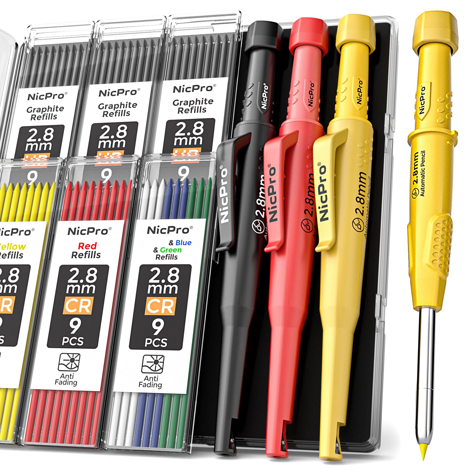 Photo 1 of Nicpro 3 Pack CP3000 Carpenter Pencils with Sharpener, Carpenter Mechanical Pencil Set with 57 Refills, Heavy Duty Woodworking Tools Construction Pencil for Architect Marking (Red, Black, Yellow)