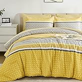 WONGS BEDDING Yellow Comforter Set Queen Size, 7 Pieces Striped Bed in a Bag Comforter and Sheet Set, Bohemian Soft Lightweight Micorfiber Bedding Set for All Seaon (90"×90")