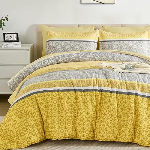 WONGS BEDDING Yellow Comforter Set Queen Size, 7 Pieces Striped Bed in a Bag Comforter and Sheet Set, Bohemian Soft Lightweight Micorfiber Bedding Set for All Seaon (90"×90")