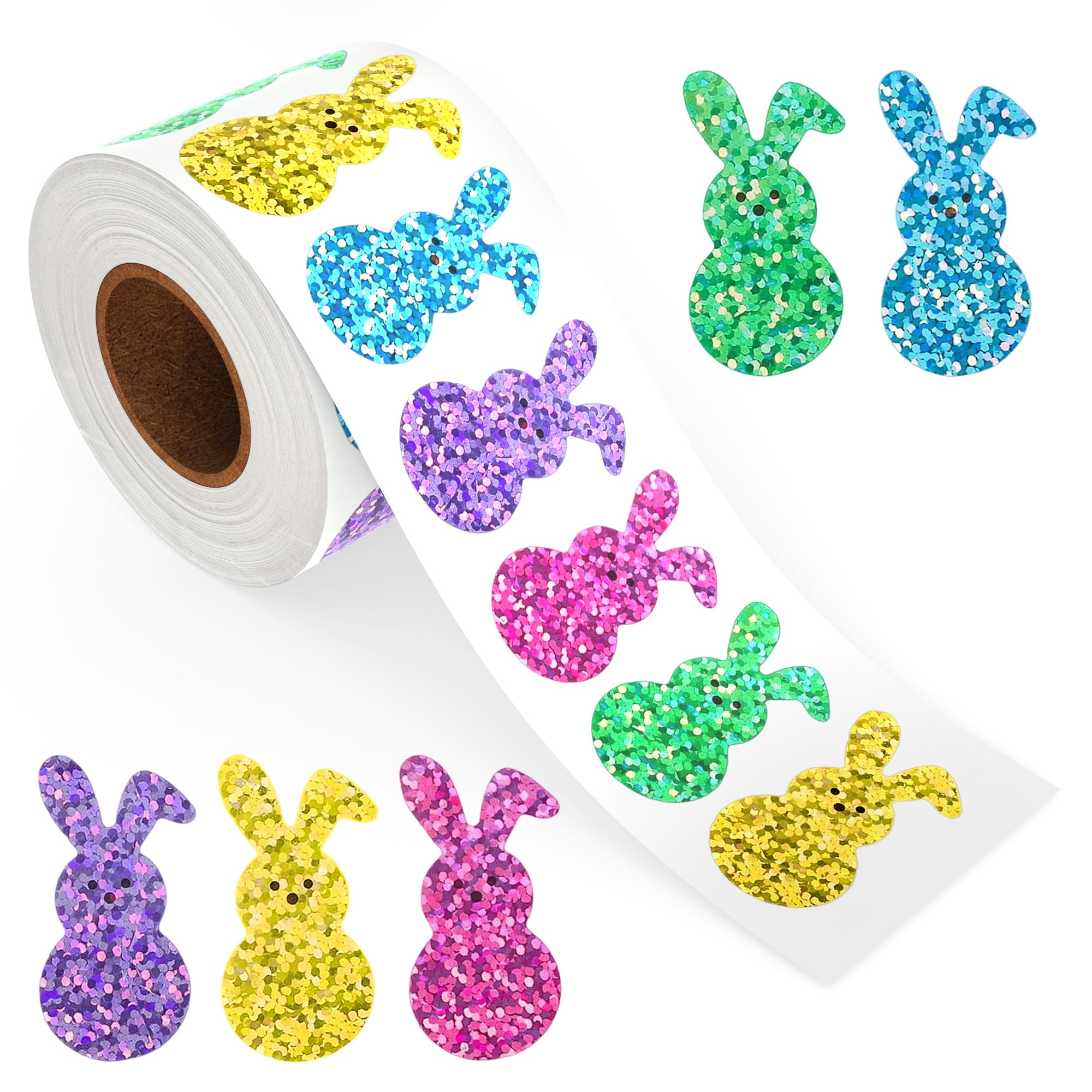 500Pcs Bling Sparkly Easter Bunny Stickers, 1.5'' x 0.8'' 1 Roll of 5 Colors | Easter Basket Essentials Stuff, Spring Self-Adhesive Rabbit Stickers for Seal Envelope Cards Decor Holiday Party Supplies