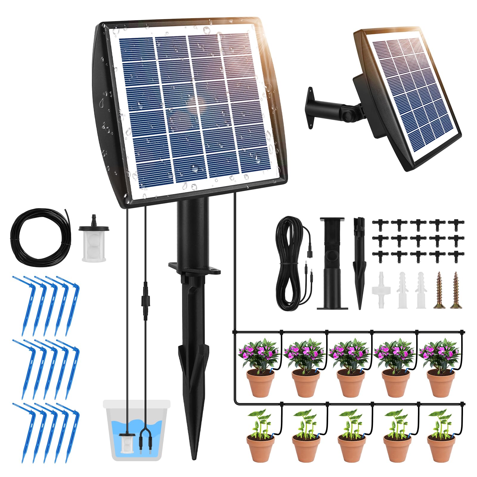 Photo 1 of Blumway Solar Drip Irrigation System,Solar Powered Automatic Drip Irrigation Kits with 2.2W Battery,6 Timing Modes DIY Plant Self Automatic Watering System for 15 Potted Plants Bed Greenhouse,Balcony