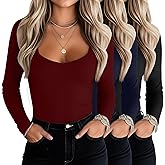 Oakgarden 3 Pack Women's Long Sleeve Tops, Sweetheart Neck Knit Basic Shirts Slim Fit Casual Fall Going Out Tee