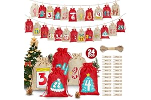 HSTEY Christmas Advent Calendar Bags with Drawstring, Reusable 24 Days Thanksgiving Halloween Countdown DIY Gift Burlap Bag Wall Hanging Advent for Xmas Tree Fireplace Decor (Khaki + Red)