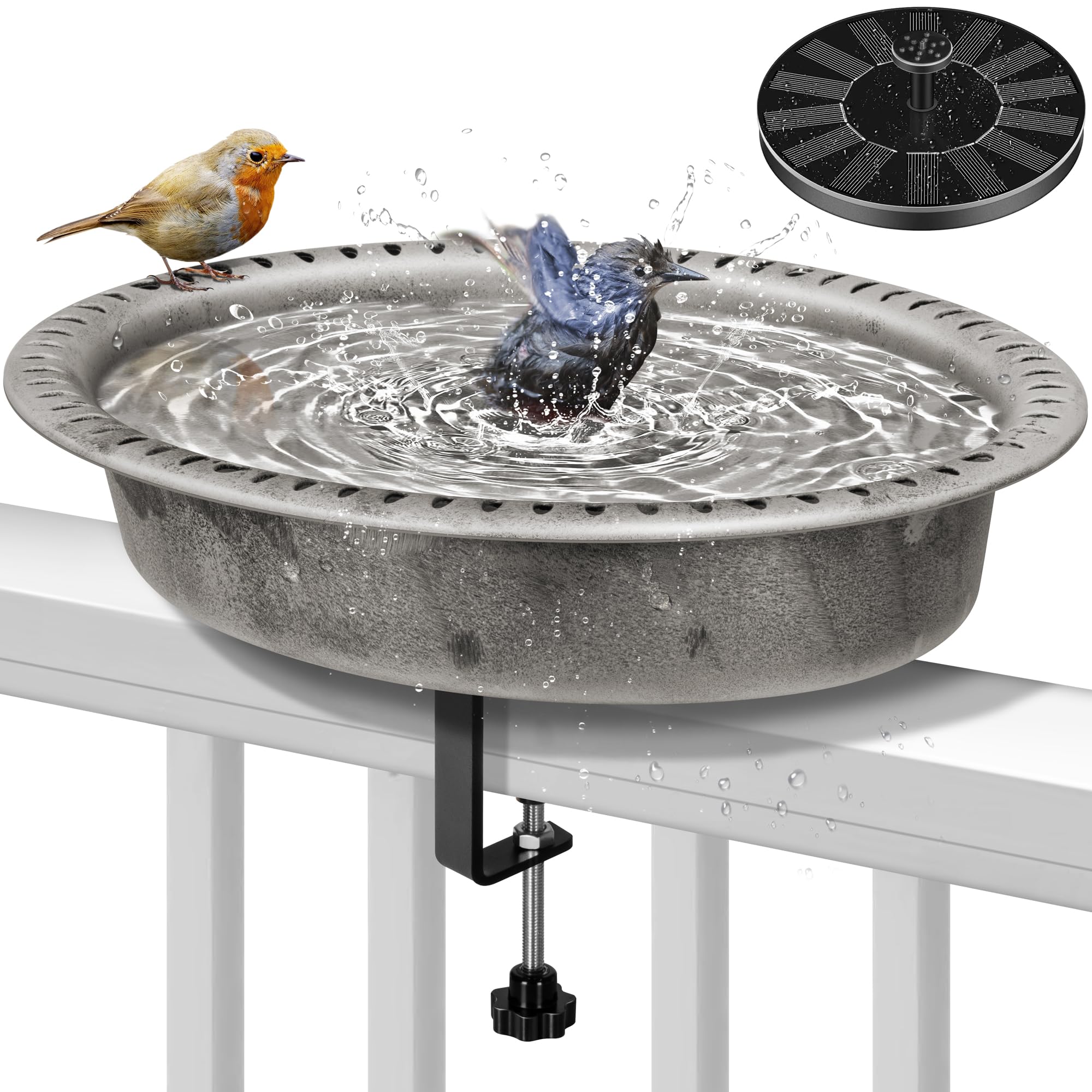 Photo 1 of VIVOHOME Deck Mounted Oval Polyresin Bird Bath with Solar Fountain, Adjustable Clamp for Railings up to 3.9 Inch, Capacity 1.3 Gallons for Patio, Gardens, Yard, Deck, Gray