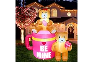 AerWo 5FT Valentines Inflatables Coffee Cup with Lovely Bear, LED Lighted Romantic Valentines Day Inflatables Outdoor Decorations, Valentines Day Decor Blow Up Yard Decorations for Wedding Lawn