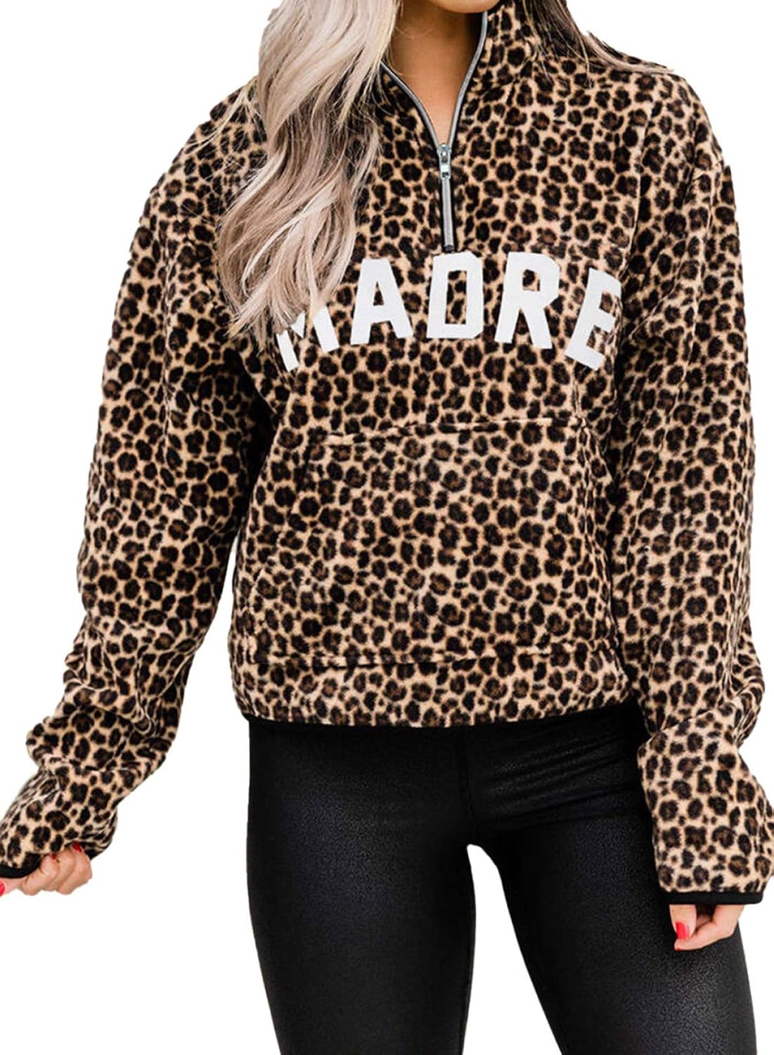 Women Leopard Letter Print Sweatshirts Zipper Collar Pullover