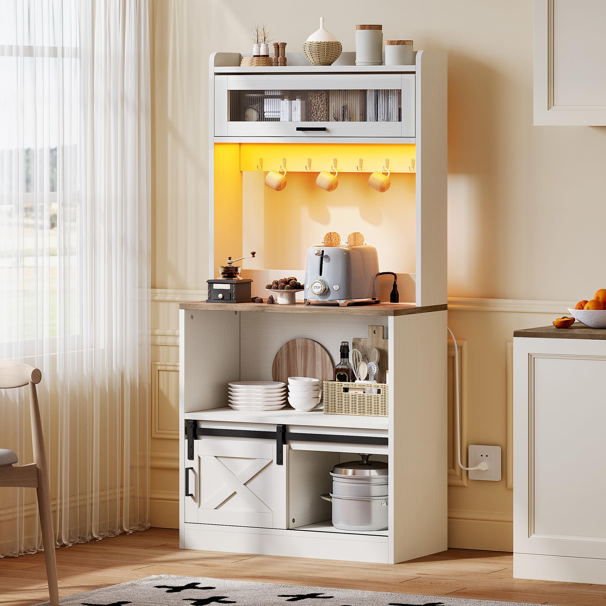 Photo 1 of YITAHOME Bakers Rack with Power Outlet and Storage Cabinet, 5-Tier Farmhouse Microwave Stand with LED Lights,Heavy Duty Coffee Bar Station with 7 Hooks for Kitchen Dining Living Room, White