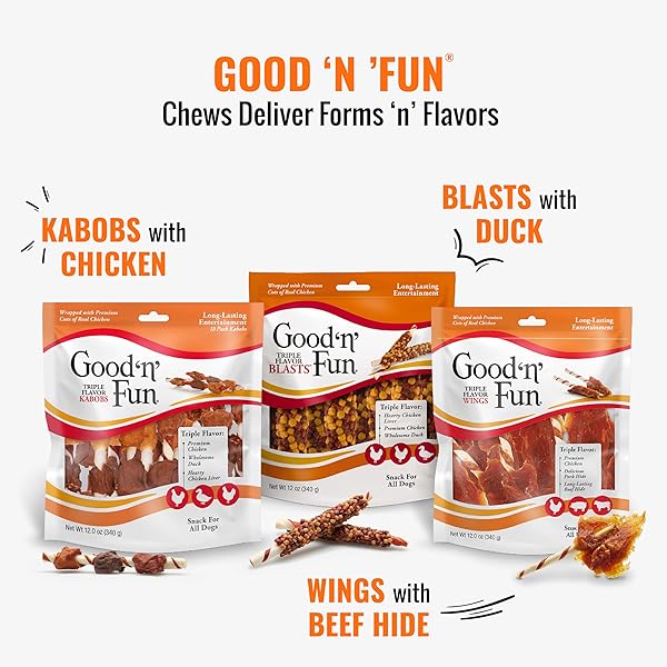 GOOD ‘N’ FUN TRIPLE FLAVOR WINGS CHEWS FOR ALL DOGS, TREAT YOUR DOG TO LONG-LASTING CHEWS MADE WITH CHICKEN, PORK HIDE AND BEEF HIDE, 12 OUNCES