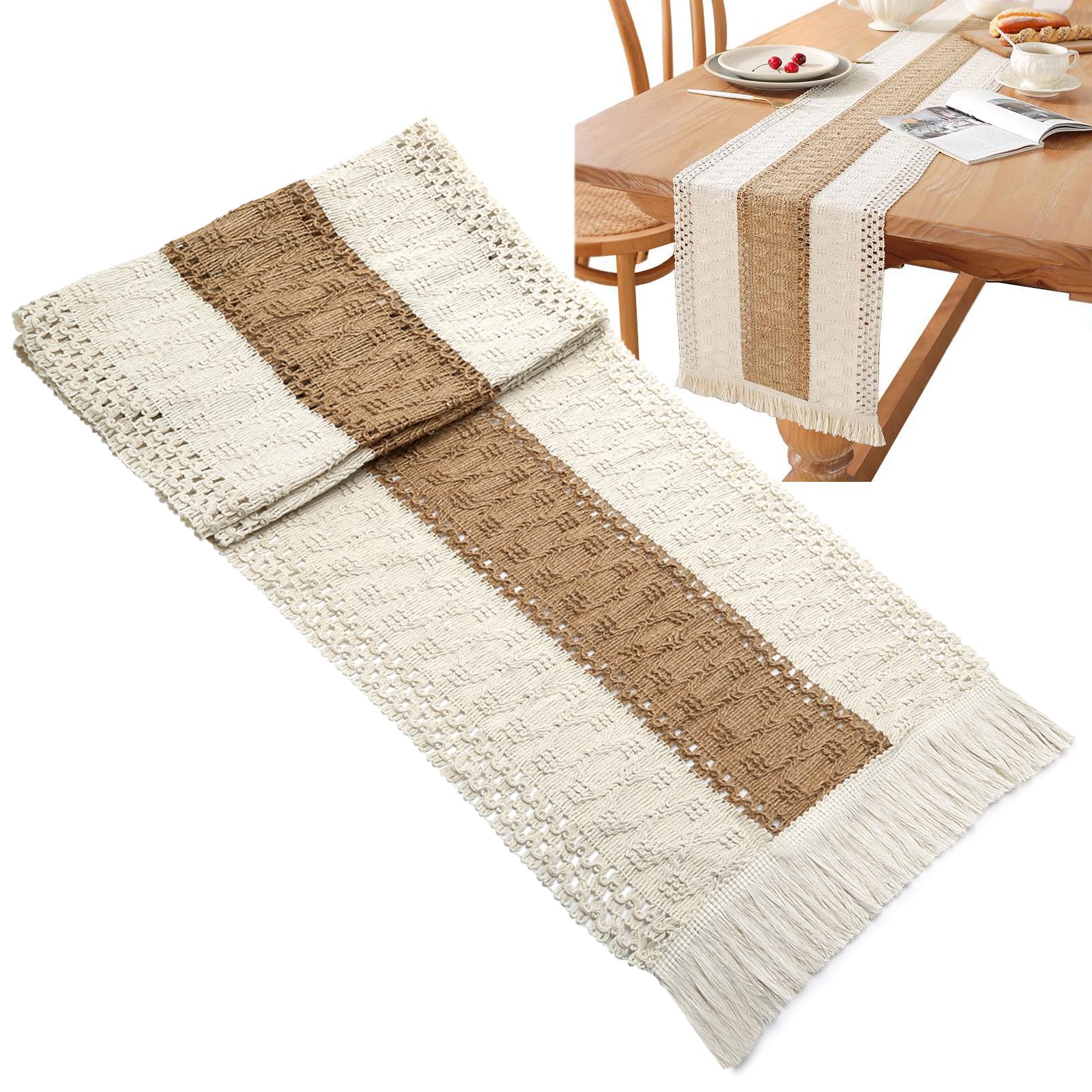 Table Runner, Natural Hessian Dining Table Runner with Tassels Rustic Style Cotton Linen Made Fireplace Mantle Centrepiece Decoration Home Holiday Party Decor 30cm/12inch Width (S1, 180cm/72in)