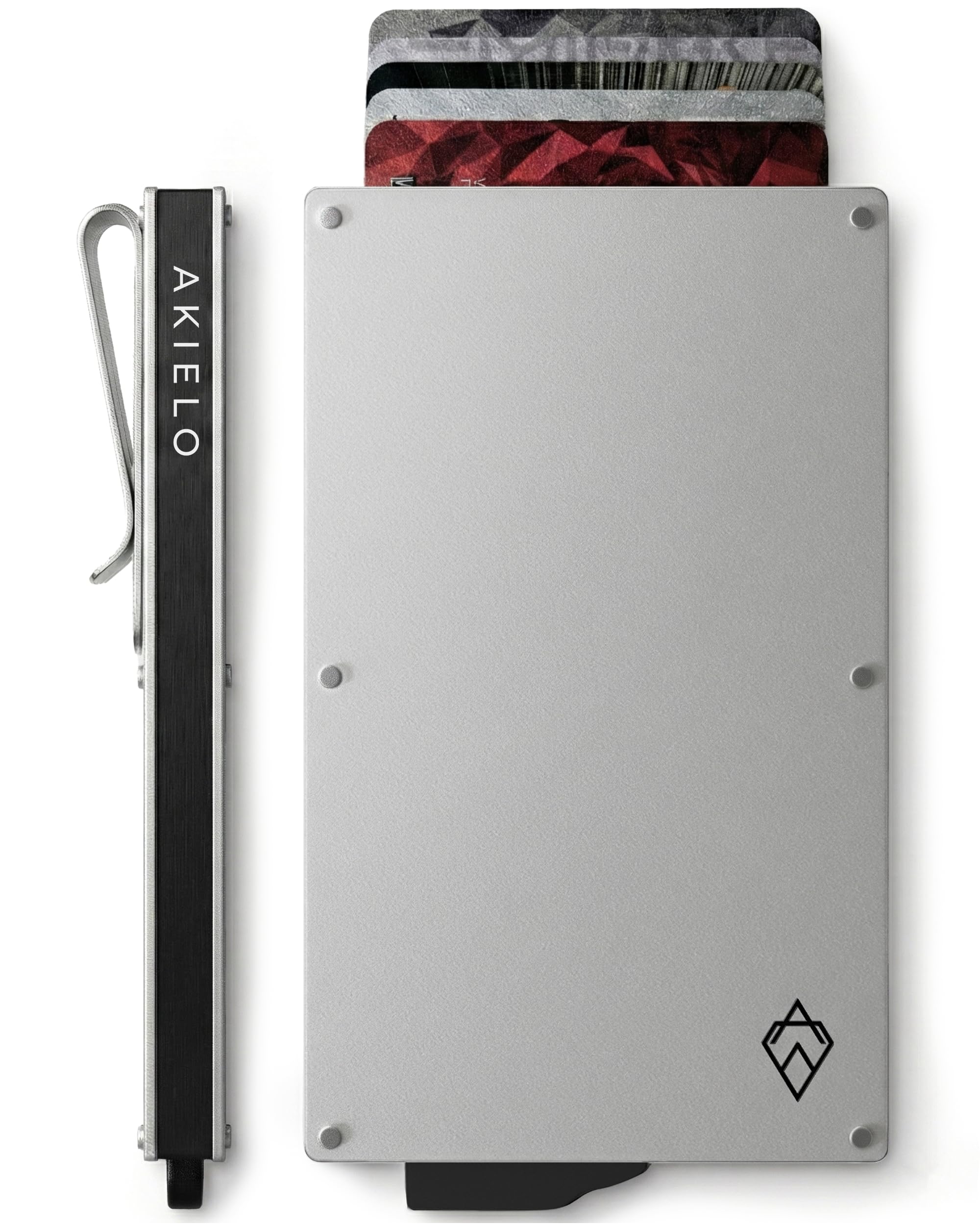 AKIELO RFID Card Holder Wallet with Money Clip & Gift Box – Slim Metal Card Wallet for Men – RFID Blocking Contactless Credit Card Protector – Minimalist Pop Up Design (Alpha - Silver Clip Edition)