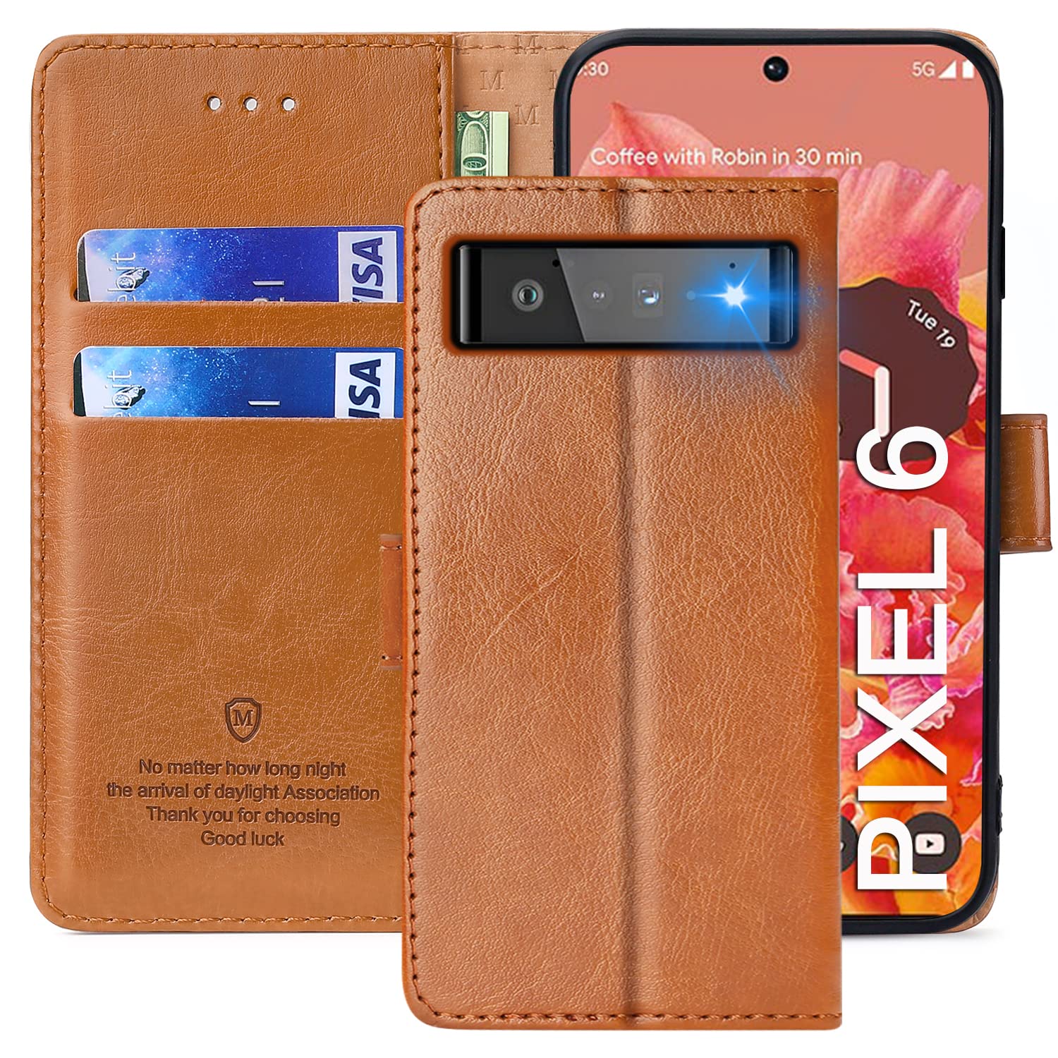 FMPCUON Case For Google Pixel 6,High-grade Leather Flip Wallet Phone Case Cover for Google Pixel 6 Inches [Card Slots] [Kickstand] [Magnetic Closure]-(Brown) — image 1