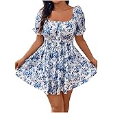 WDIRARA Women's Plus Size Floral Print Square Neck Puff Short Sleeve Dress Layered Ruffle Hem A Line Dresses