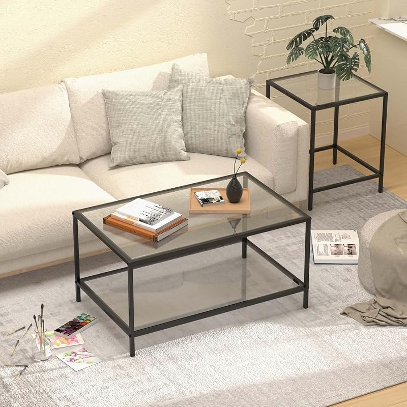 Couchtisch aus Glas,couchtisch,Wohnzimmertisch,Living Room Table Quadratisch Couchtisch 2er Set, Coffee Table,Beistelltisch, Sofatisch für Schlafzimmer, Wohnzimmer, Büro (Schwarz) — Foto 4 von 8