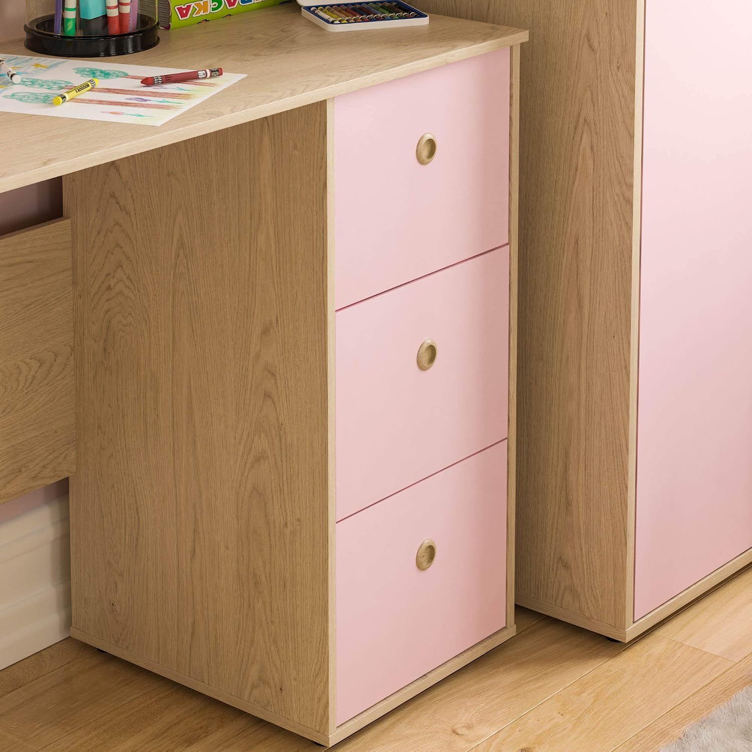 Junior Vida Neptune 3 Drawer Desk Computer Dressing Table PC/Laptop Home Study Workstation Children Kids Furniture (Pink & Oak) - Image 5
