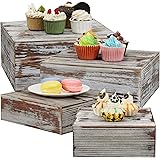 Juexica Set of 4 Wood Stackable Display Box Riser Stands Torched Style Cake Stand Sizes Rustic Wooden Cupcake Square Vintage 
