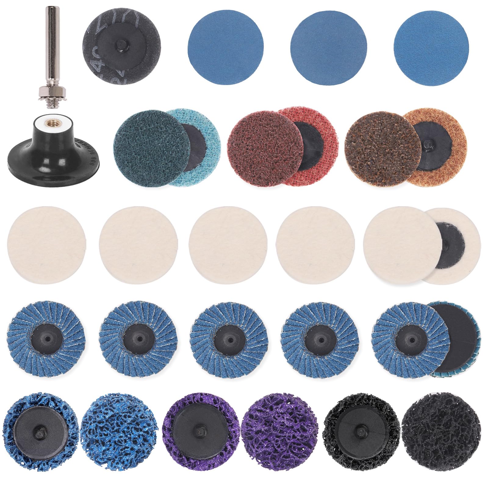 Glarks 30Pcs Sanding Discs Assortment Kit, 2 Inch Quick Change Discs, Black, Purple, Blue, Aluminum Oxide, Zirconium Oxide, Wool, Poly, Compatible with Die Grinder, Surface Rust Removal