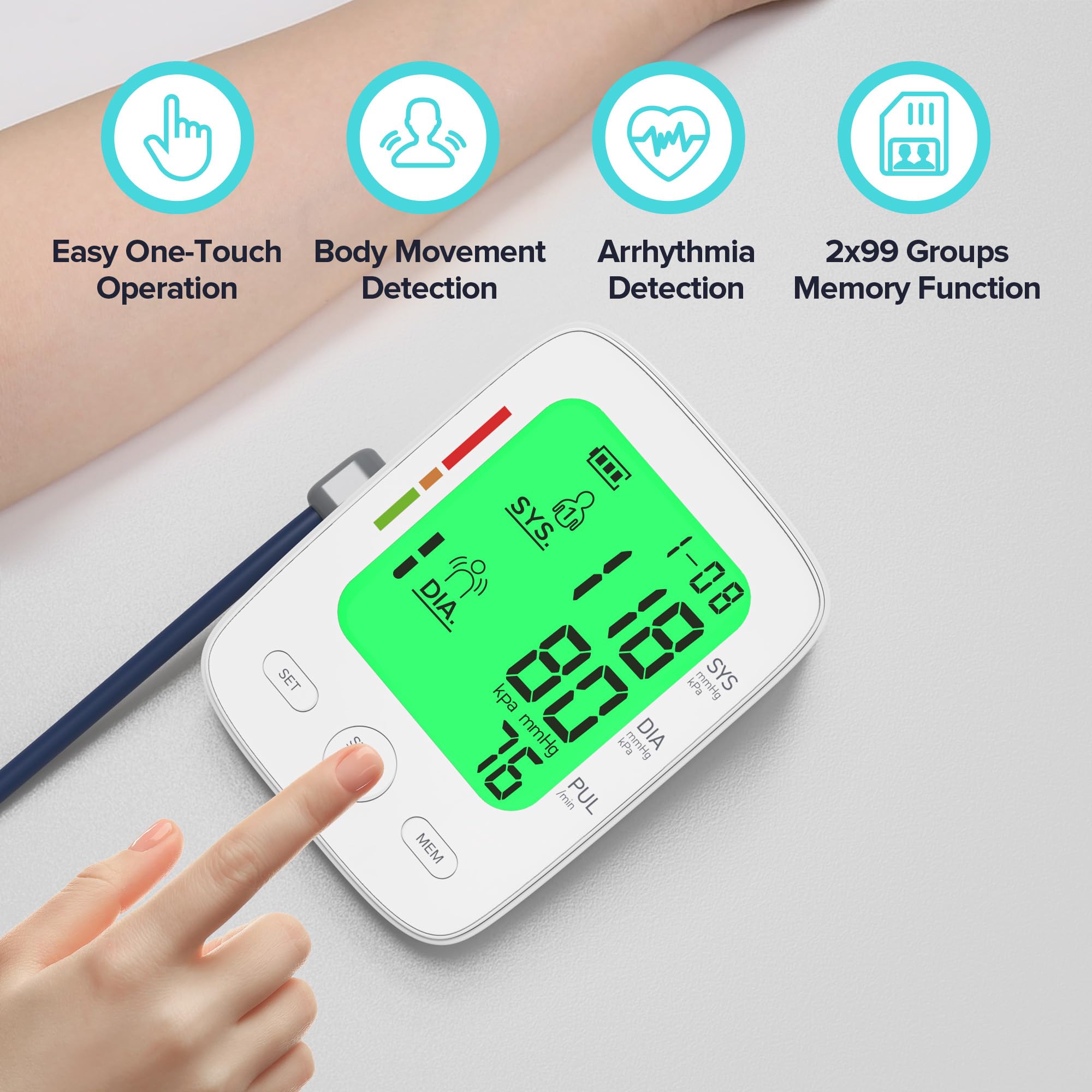 Blood Pressure Monitor for Home Use, Automatic Upper Arm Blood Pressure Machine with Large LCD Display, Adjustable Cuff (9 to 17 inches), 2 x 99 Memory Sets, Easy to use/Travel