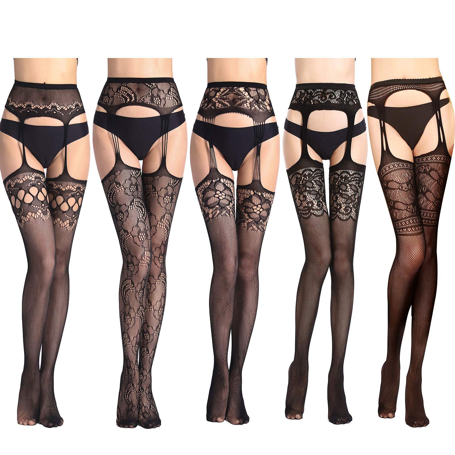 Suspender Pantyhose Stocking, Comius 5 Pairs Sexy Fishnet Thigh High Stockings for Women Suspender Belt Lace Hosiery Sheer