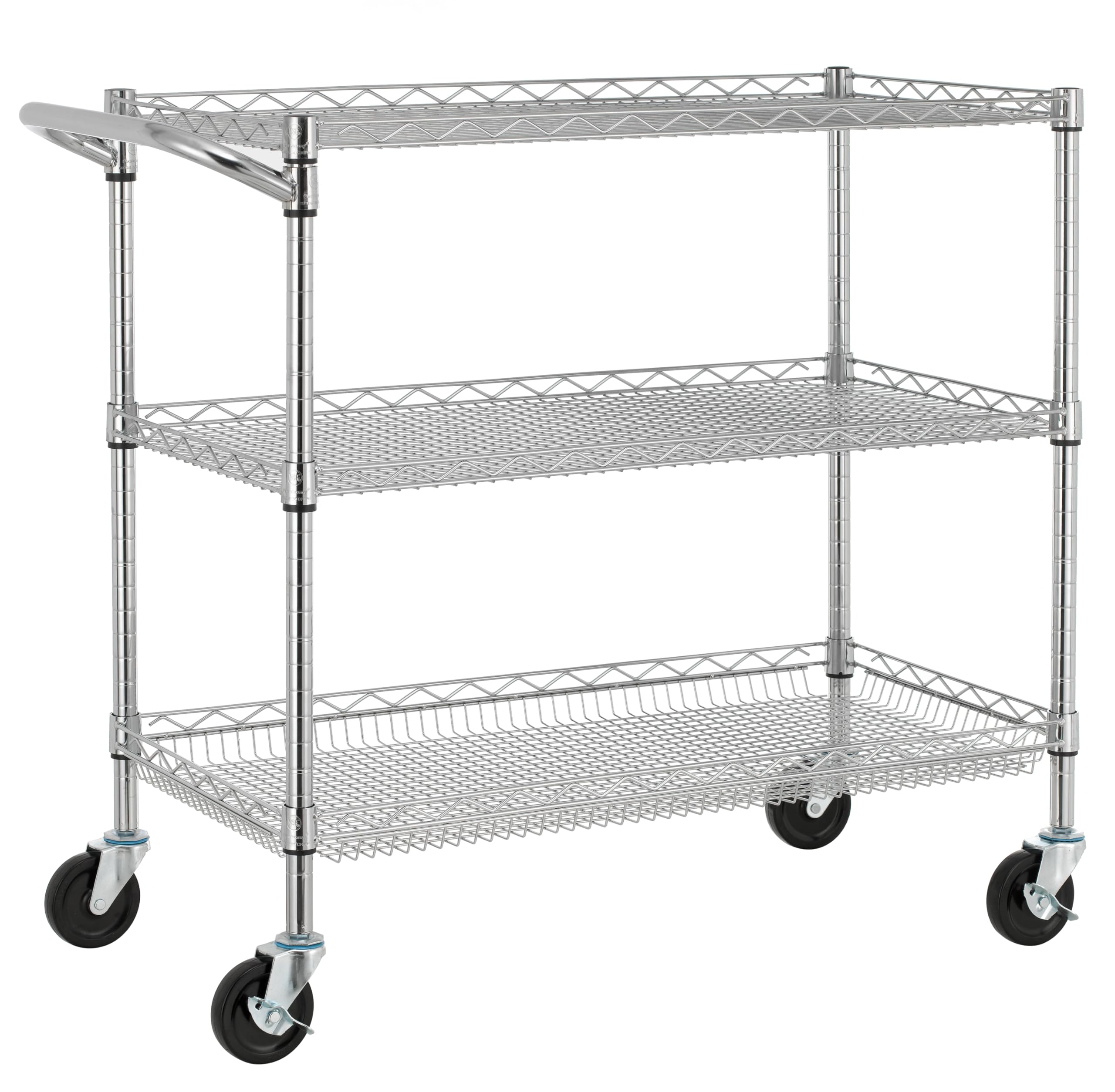 Photo 1 of Finnhomy 3 Tier Heavy Duty Commercial Grade Utility Cart, Wire Rolling Cart with Handle Bar, Steel Service Cart with Wheels, Kitchen Carts on Wheels, Metal Cart Shelf Size 18" D x 36" W, NSF, Chrome