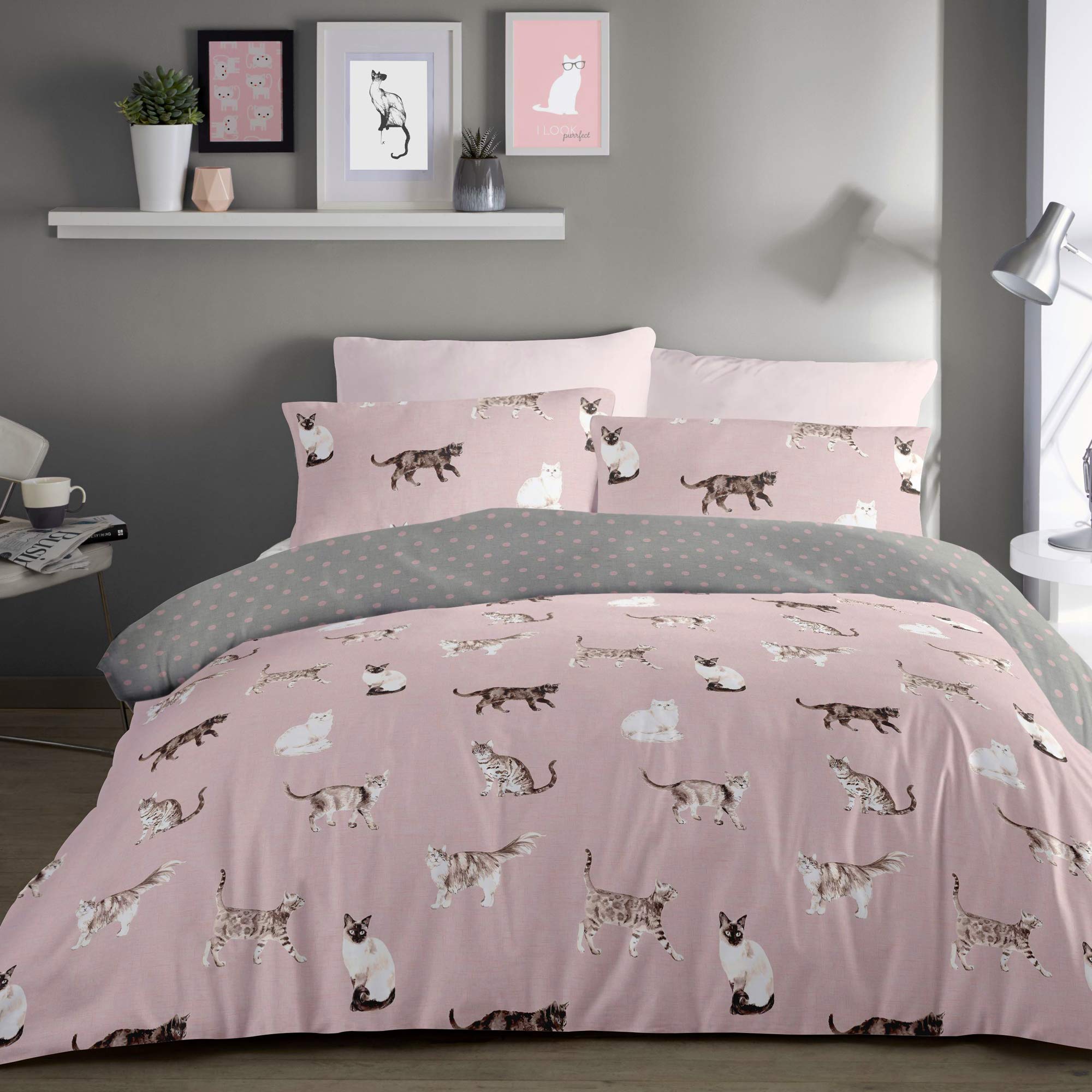Fusion - Cats - Easy Care Duvet Cover Set - Single Bed Size in Blush, Pink