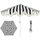 JONATHAN Y UMB1001 Collins 9 ft. Classic Cottage Tassel Market Patio Umbrella with Auto-Tilt, Crank, Wind Vent and UV Protection