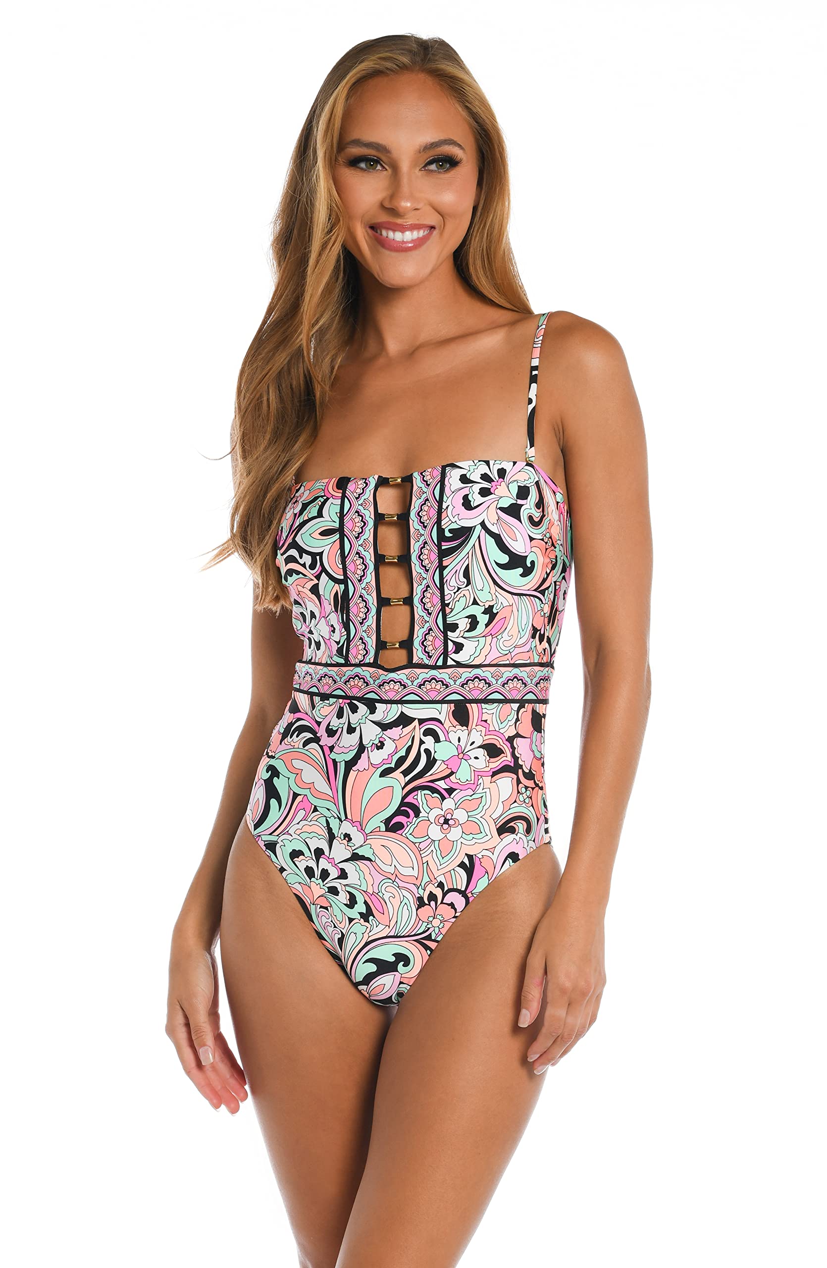 Sunshine 79 Women’s Standard Bandeau Mio One Piece Swimsuit, Multi//Paisley Party
