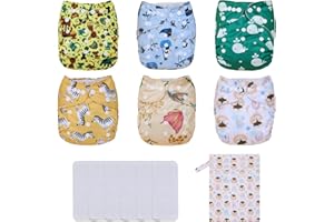 TDIAPERS Baby Cloth Diapers Washable Reusable One Size Adjustable for Baby 6 Pack with 6 Pcs Microfiber Inserts, 1 Wet Bag
