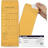 Volcora 100 Pack Cashier Envelopes, Cash Deposit Envelopes, Self Adhesive Cash Envelopes, Money Envelopes, Brown Kraft Bank Deposit Slips for Retailers, Restaurants, Small Businesses, Stores