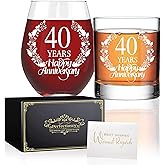 Perfectinsoy 40 Years Happy Anniversary Whiskey Glass and Stemless Wine Glass Gift Set, 40th Anniversary Wedding Gift For Mom, Dad, Soulmate, Couple, 40 Years Gifts, Happy 40th Anniversary