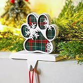 Yalikop Red Green Black Dog Paw Stocking Holder Buffalo Plaid Mantle | Farmhouse Rustic Hook for Fireplace, Wooden Base Metal Hanger, Holds Christmas Stockings Securely, Xmas Holiday Decor