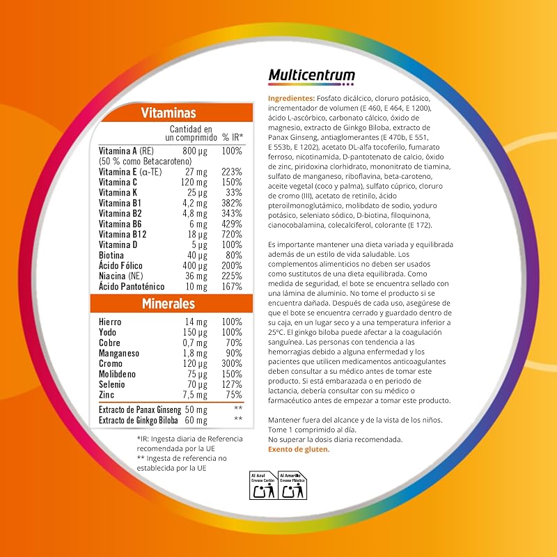 Multicentrum plus suplemento alimentar multivitamínico e multimineral com ginseng e ginkgo biloba para adultos, sem glúten, 30 comprimidos
