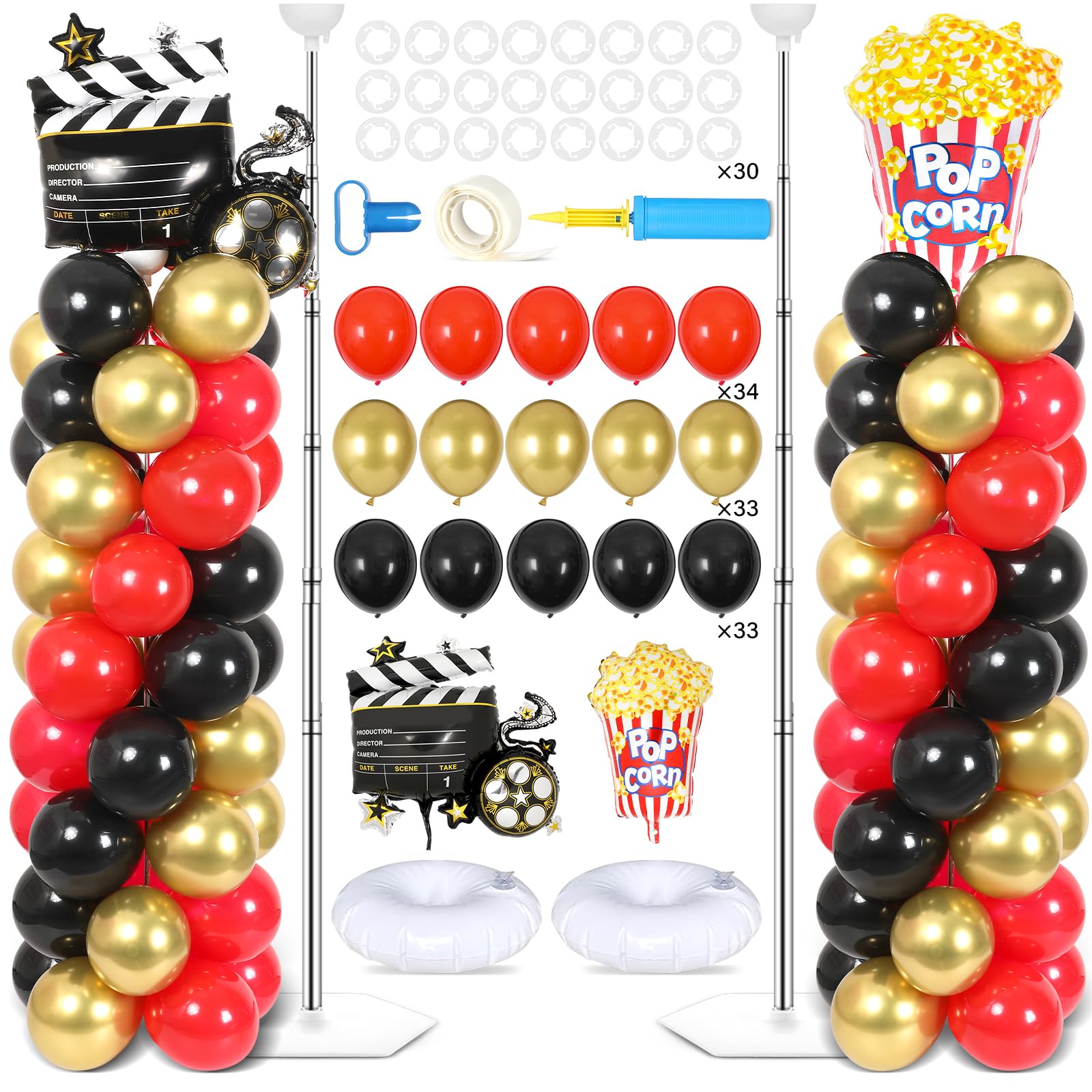 Photo 1 of 2 Sets Movie Night Balloon Column Stand Kit With 102 Popcorn Clapboard Foil Balloons 5.57ft Adjustable Tower Stand With Base Adjustable Arch Column for Camera Film Movie Birthday Party Supplies