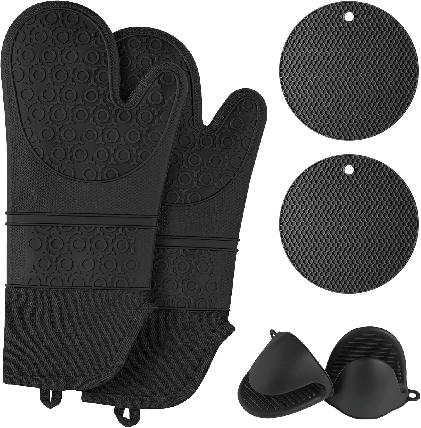 QUWIN Oven Mitts and Pot Holders Sets, Heat Resistant with Mini Oven Gloves and Hot Pads Potholders, Non-Slip Food Grade Long Oven Mitts for Kitchen Baking Cooking (6-Piece Set, Black)