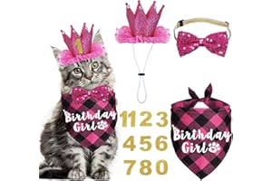 JOTFA Cat Birthday Party Supplies - Cat Outfits Kitten Bandanas with Hat, Crown, Bow Tie, Number for Kitten Decorations (Rose)
