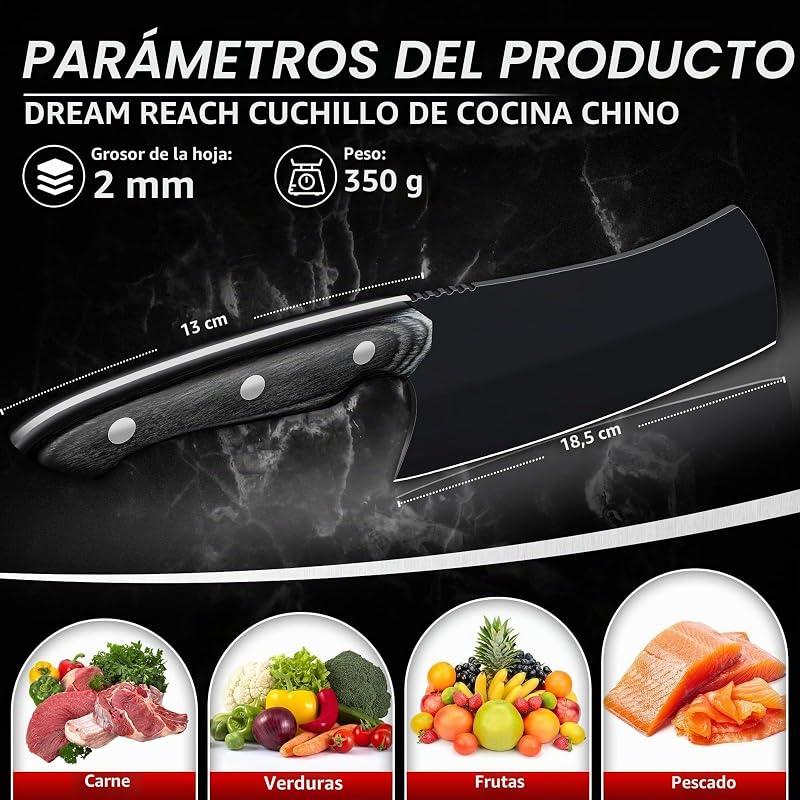 Cuchillo Cocina Multiusos Hoja Negra, Acero Inoxidable Mango Madera Ergonómico, para Carne Verduras Pescado