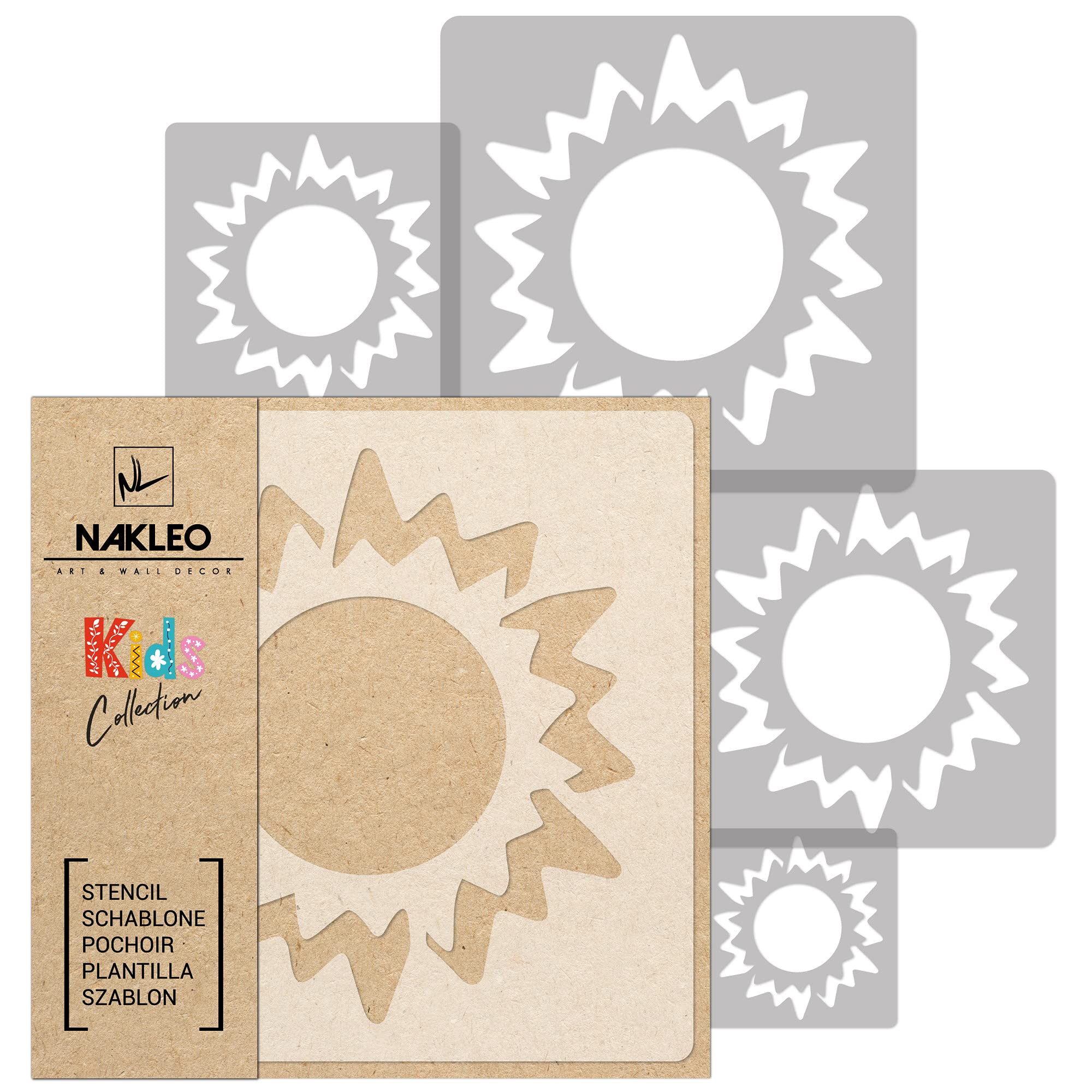 NAKLEO Painting Stencils Set for Nursery Room, 5 Pcs Templates 9x9 to 34x34cm Sun Sunlight Star, Plastic and Reusable Drawing Stencils, Decor, Craft DIY Wall Furniture