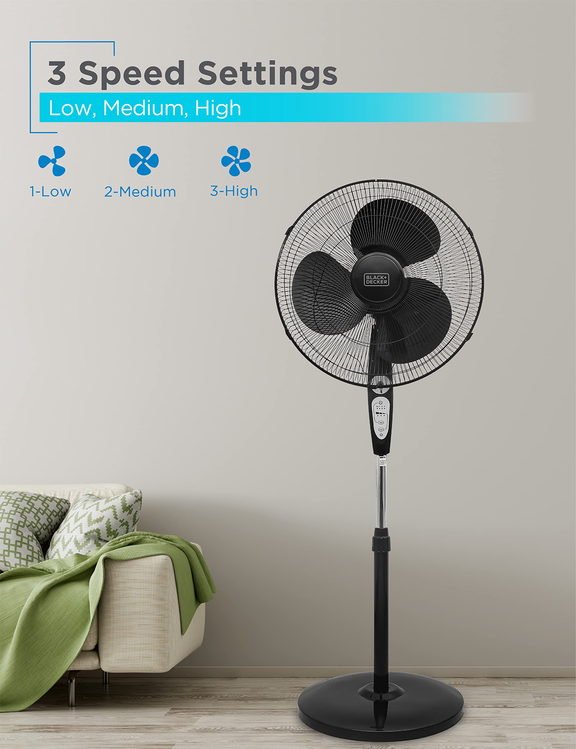 BLACK+DECKER 18-Inch Stand Fan with Pedestal Base, Height Adjustable Pedestal Fan with Remote and Touch Control Panel, Free Standing Fan with 90-Degree Oscillating and 3-Speed Settings, Black