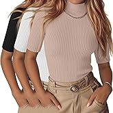 Neer 3 Pack Women's Half Sleeve T-Shirts, Mock Turtleneck Elbow Length Tee Ribbed Slim Fit Casual Summer Tunic Tops