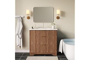 IDEALHOUSE 36" Fluted Bathroom Sink Vanity, Farmhouse-Style Freestanding Cabinet with 2 Pull-Out Drawers & 1 Drop-Down Drawer