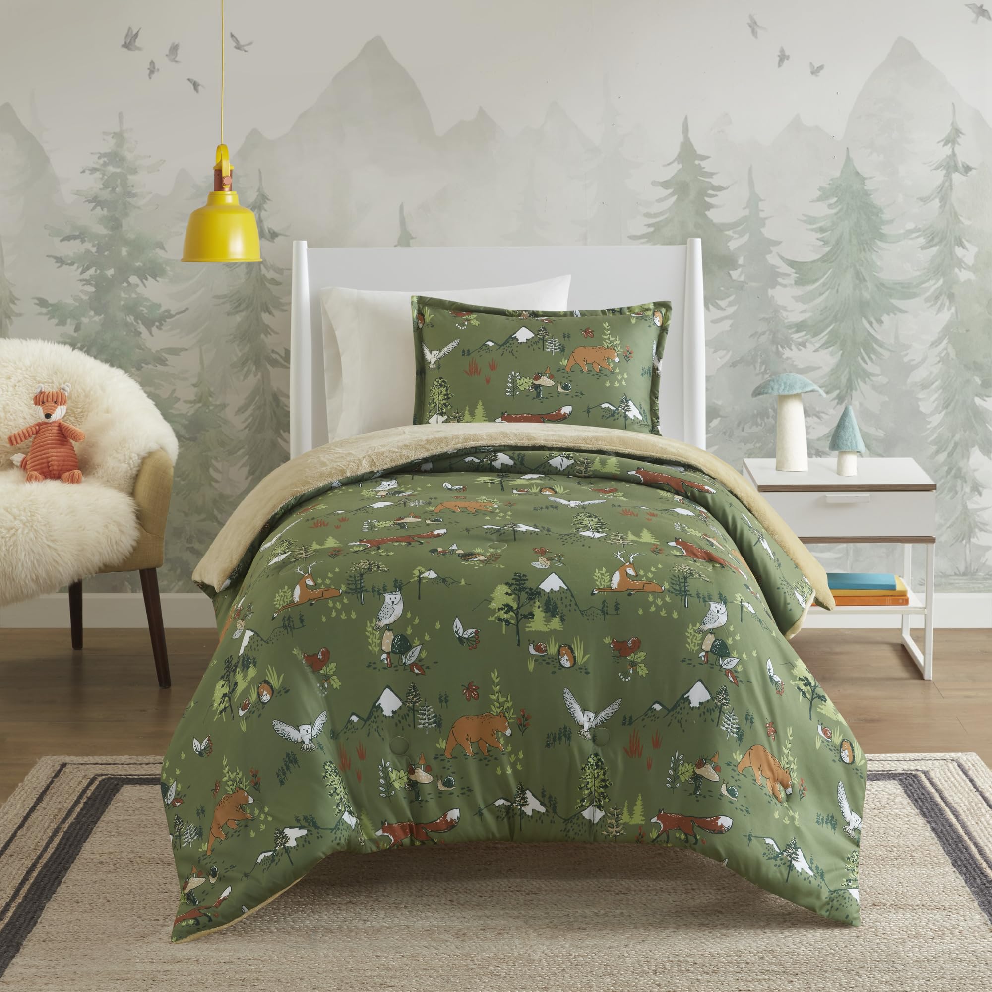 Photo 1 of Mi Zone Kids Twin Comforter Set, Reversible Plush Kids Comforter Set, Cozy Plush Reverse Bedding, Winter Fluffy Comforter Bed Set, 1 Sham, Enchanting Forest Animals, Heath, Twin, Sage Green 2 Piece