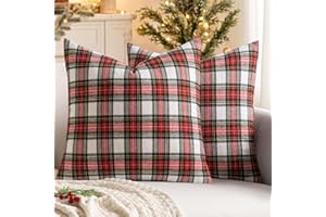 MIULEE Christmas Set of 2 Scottish Tartan Plaid Throw Pillow Covers Farmhouse Classic Decorative Outdoor Square Cushion Cases for Home Decor Sofa Couch 18x18 Inch, Red and White