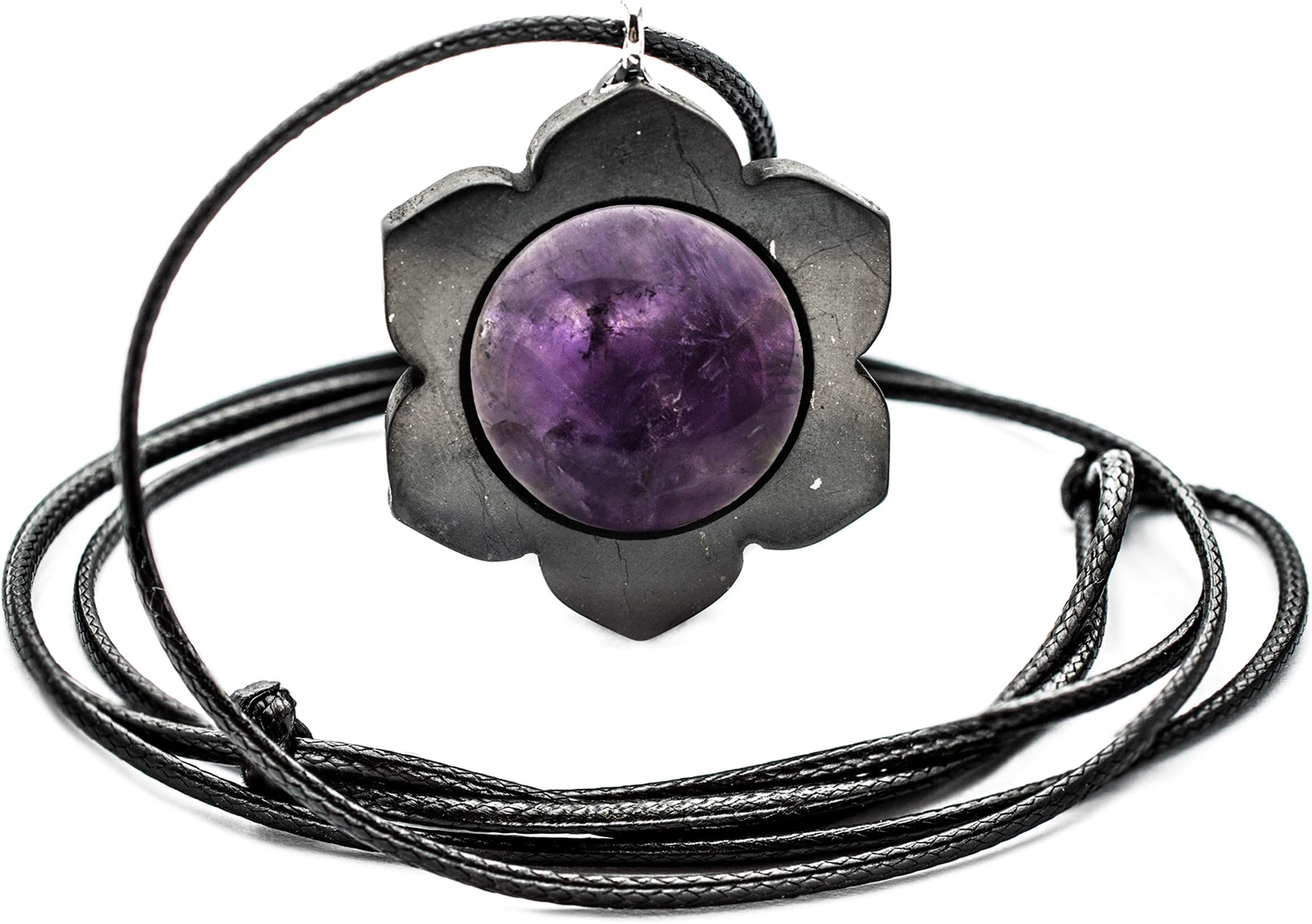 Wallystone Gems Shungite Pendant Necklace Lotus Flower and Gemstone for Root Chakra Vibrational Balancing and EMF Protection