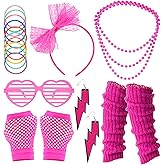 80s Costume Accessories Set for Women, 7 PCS Neon Party Outfit with Glasses, Gloves, Earrings, Necklace, Headband, Bangles