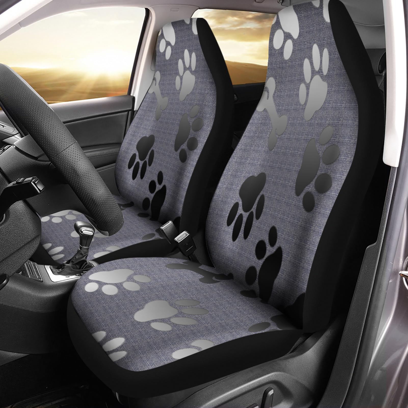Photo 1 of Bulopur Grey Dog Paw Print Auto Seat Cover, Universal Car Front Seats Accessories Interior Decor 2 Pcs Suit All Seasons Use